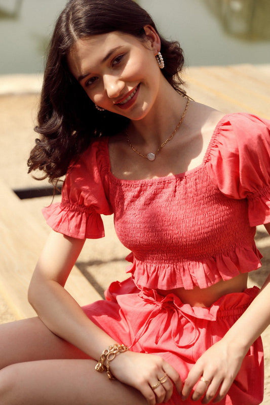 orange romance co-ord set front close up pose