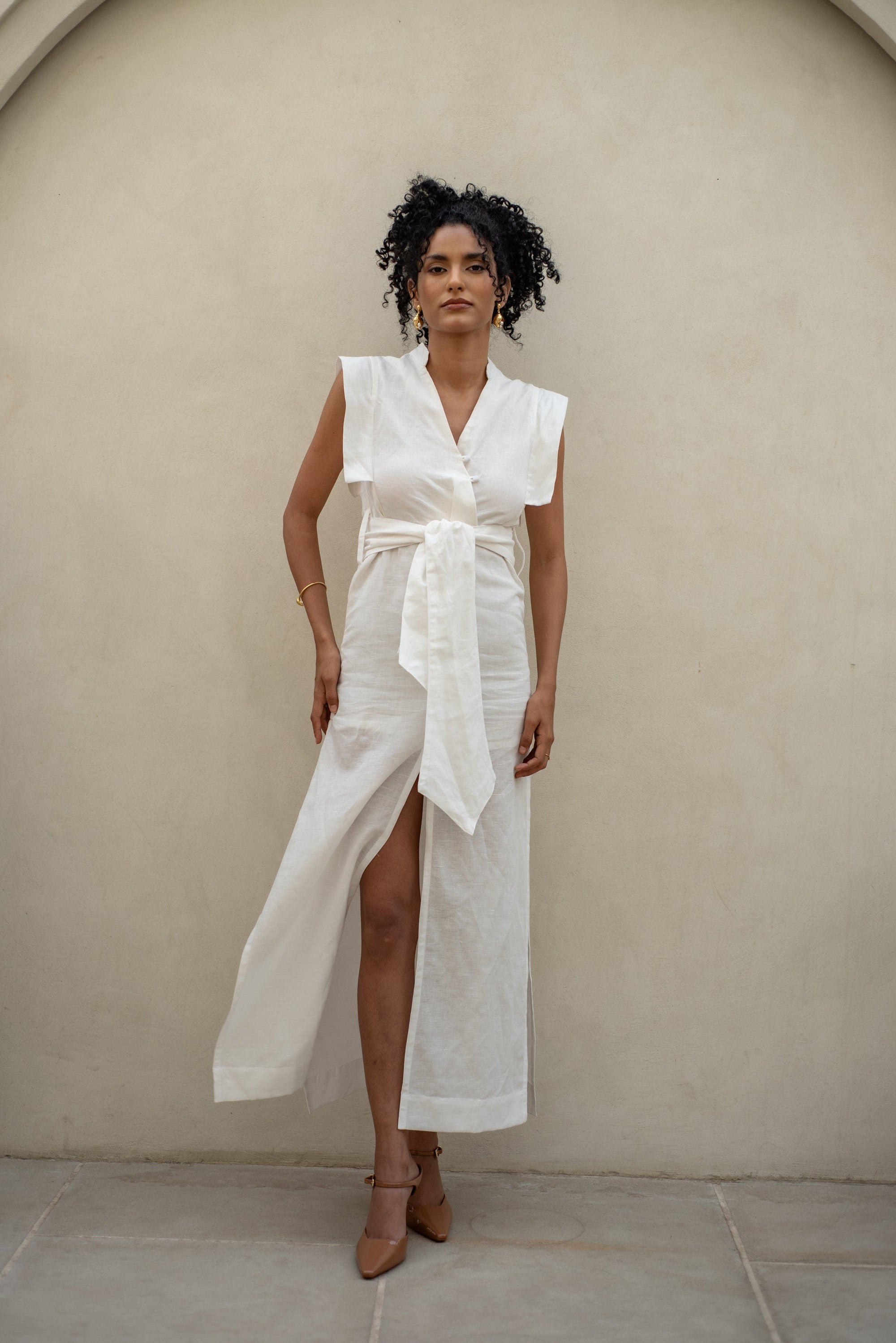 Ivory Linen Dress front shot image with model